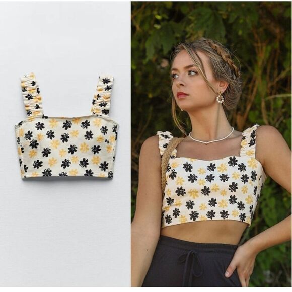 ZARA Floral Denim Crop Top Ruched Back Ruffle wide Straps Bloggers favorite XS - Picture 2 of 8
